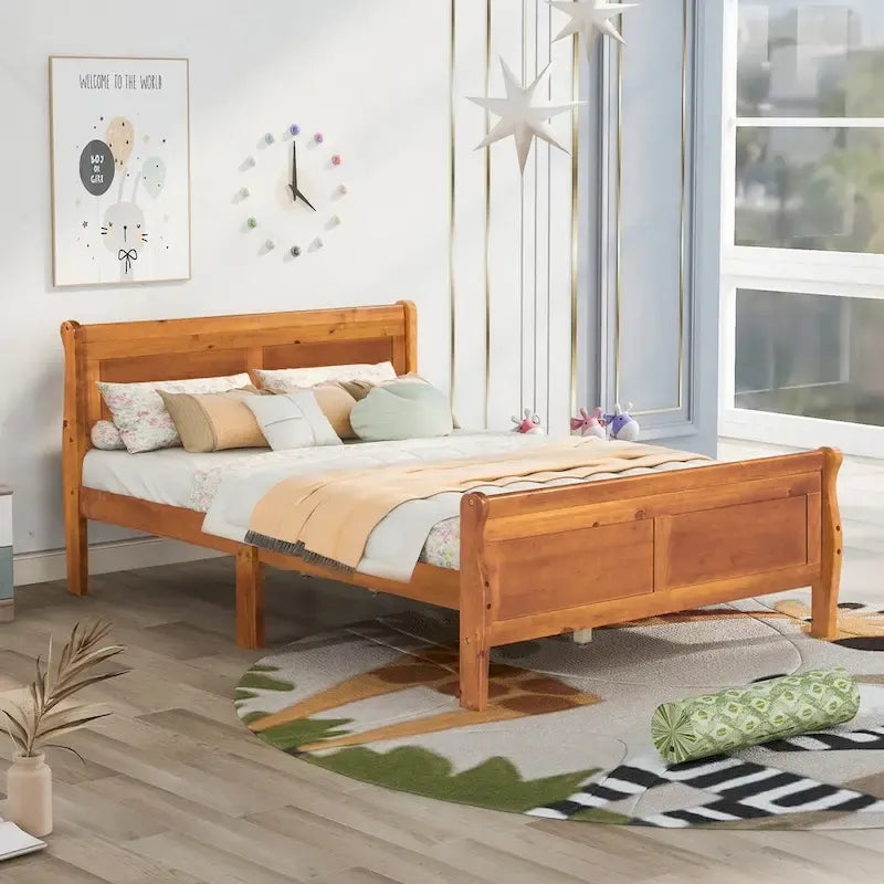 Full Size Wood Platform Bed with Headboard & Slat Support, Minimalist Design for Bedroom