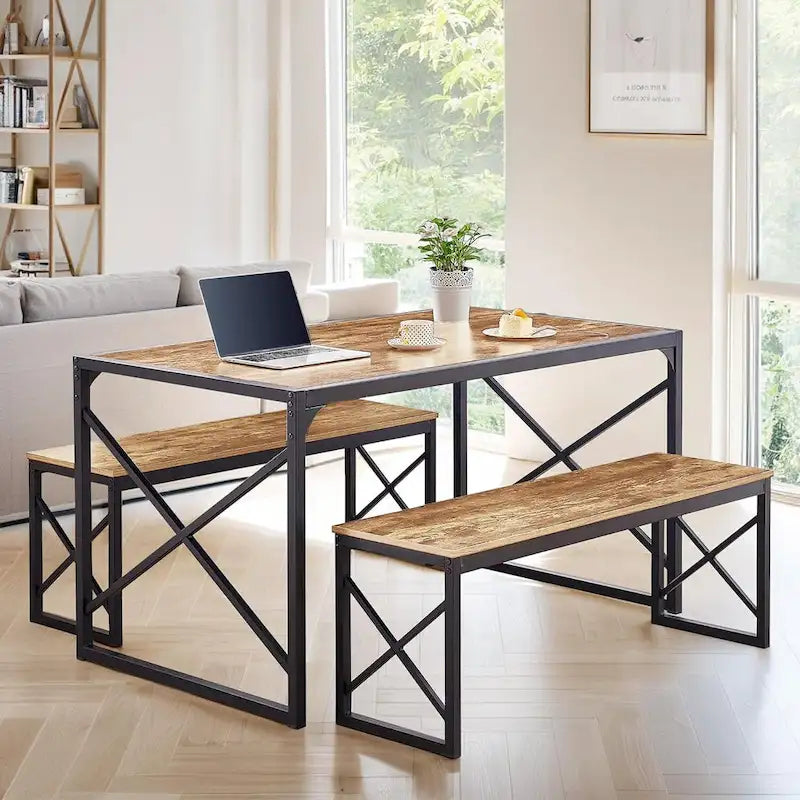 Table à manger 3 pièces VECELO avec banc, ensemble de table de salle à manger pour 4-6 personnes, table de cuisine avec 2 bancs, ensemble de table à manger