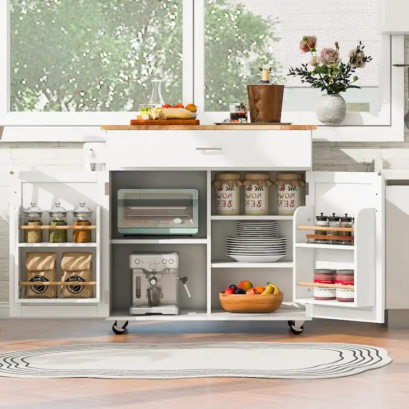 A Mobile Kitchen Island Storage , Adjustable Shelves, Wheels