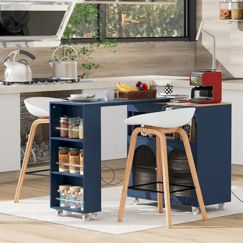 Rubberwood Kitchen Cart with Drop Leaf, Extended Table, 2 Fluted Glass Doors, LED Light and Power Outlet