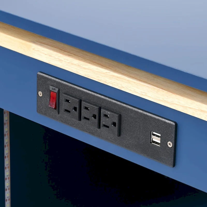 Rubberwood Kitchen Cart with Drop Leaf, Extended Table, 2 Fluted Glass Doors, LED Light and Power Outlet