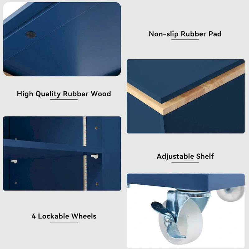 Rubberwood Kitchen Cart with Drop Leaf, Extended Table, 2 Fluted Glass Doors, LED Light and Power Outlet