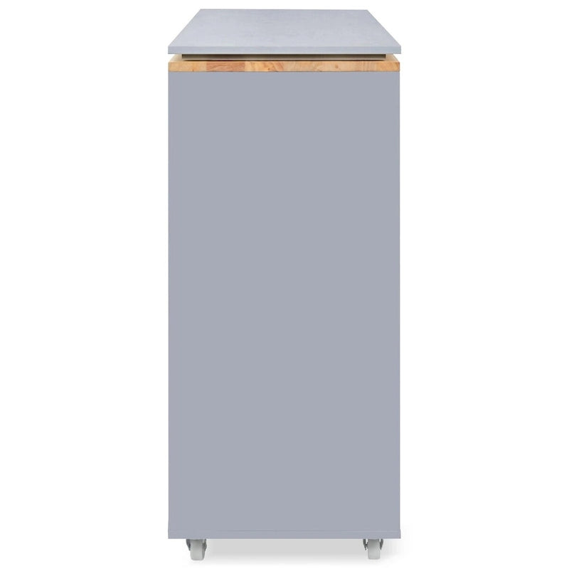 Rubberwood Kitchen Cart with Drop Leaf, Extended Table, 2 Fluted Glass Doors, LED Light and Power Outlet