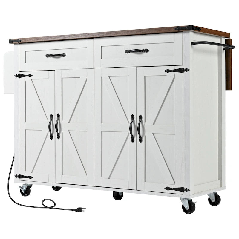 53.5 in. W Farmhouse Rolling Kitchen Island Cart with Drop Leaf and Power Outlet