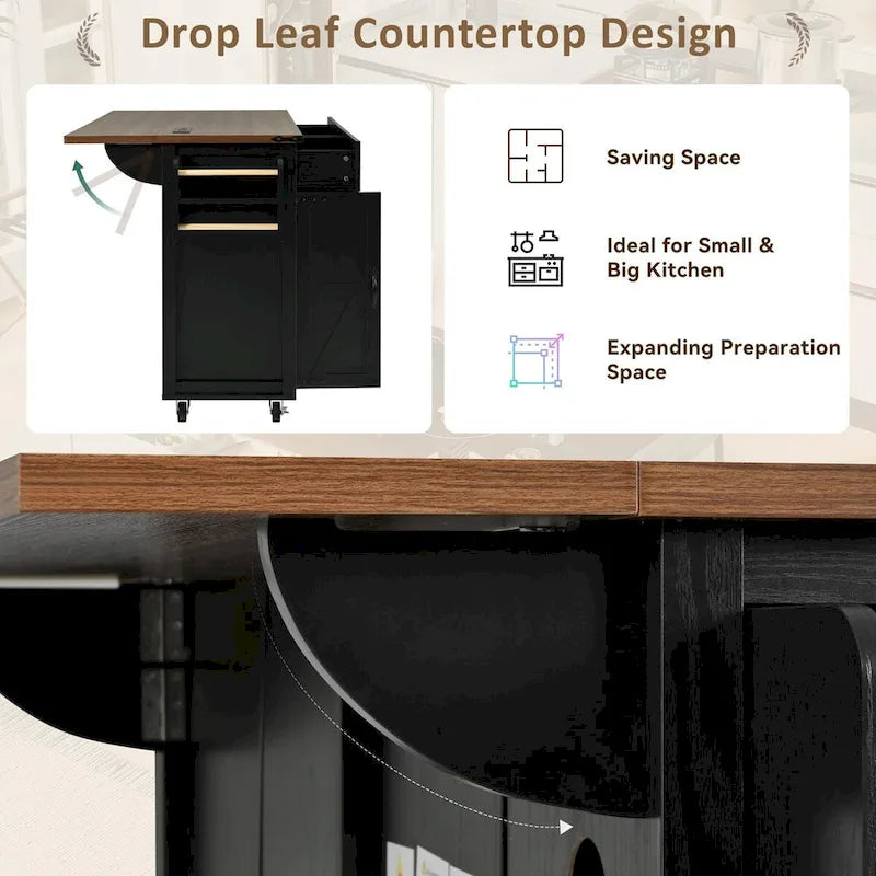 53.5 in. W Farmhouse Rolling Kitchen Island Cart with Drop Leaf and Power Outlet