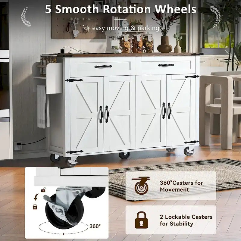 53.5 in. W Farmhouse Rolling Kitchen Island Cart with Drop Leaf and Power Outlet