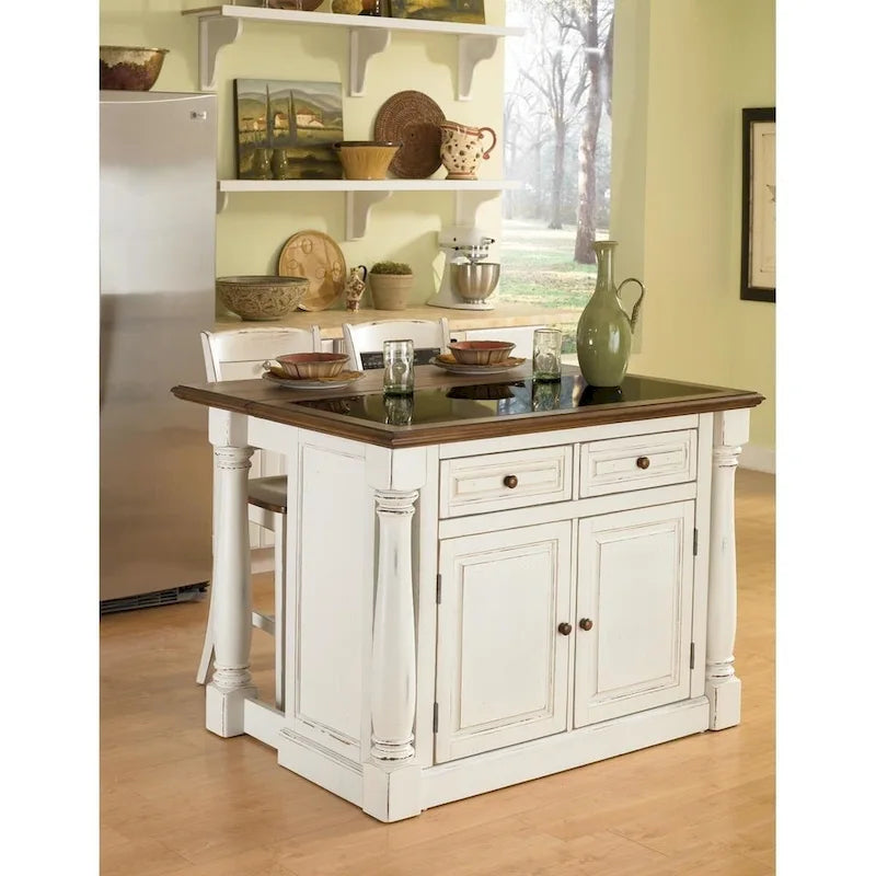 Monarch Off-White Kitchen Island with Granite Top and 2 Stools