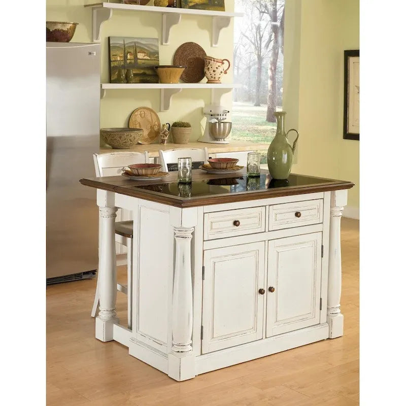 Monarch Off-White Kitchen Island with Granite Top and 2 Stools