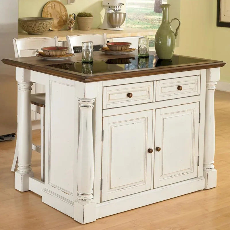 Monarch Off-White Kitchen Island with Granite Top and 2 Stools