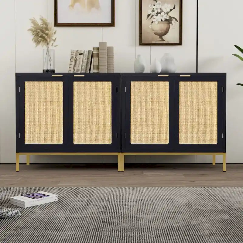 Anmytek Mid-Century Modern Black Wood Rattan Buffet Sideboard Accent Cabinet with 2 Doors