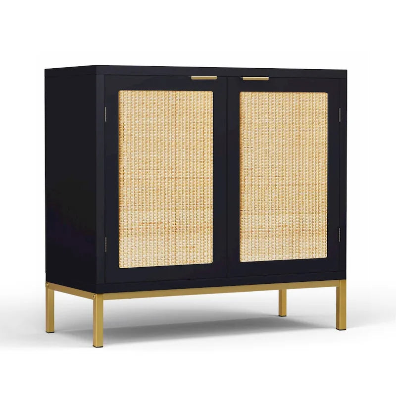 Anmytek Mid-Century Modern Black Wood Rattan Buffet Sideboard Accent Cabinet with 2 Doors