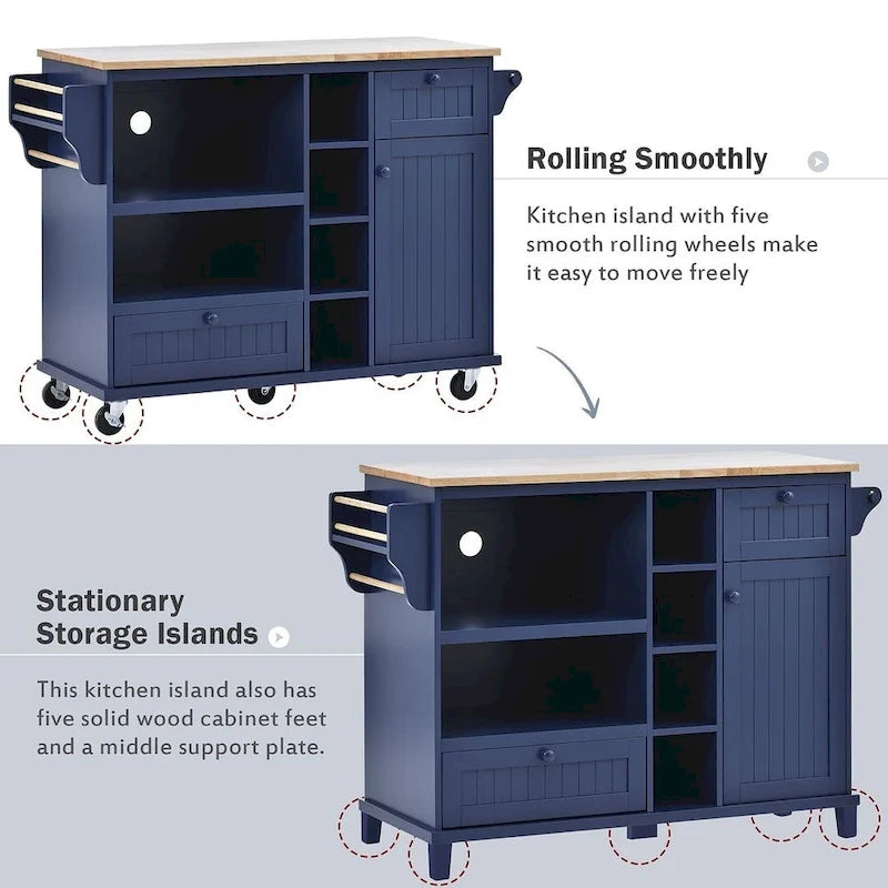 Kitchen Island Cart with Wheels,Storage Cabinet, Solid Wood Desktop