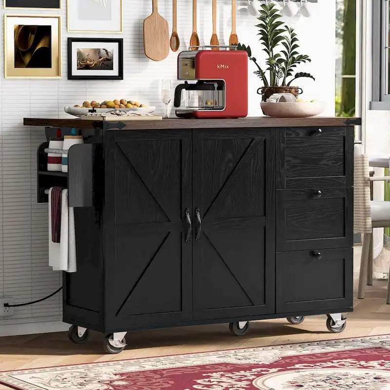54.5  Farmhouse Kitchen Island with Power Outlet, Internal Storage Rack, Drop-Leaf Tabletop, Spice Rack, Rolling Cart On Wheels