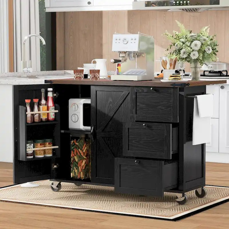 54.5  Farmhouse Kitchen Island with Power Outlet, Internal Storage Rack, Drop-Leaf Tabletop, Spice Rack, Rolling Cart On Wheels