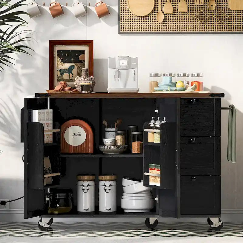 54.5  Farmhouse Kitchen Island with Power Outlet, Internal Storage Rack, Drop-Leaf Tabletop, Spice Rack, Rolling Cart On Wheels