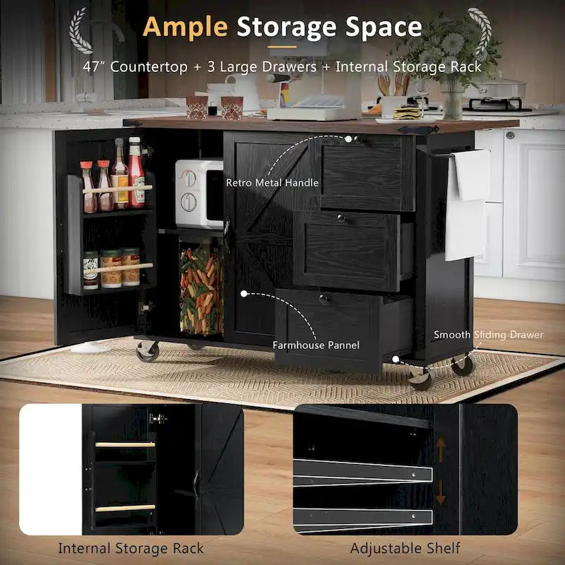 54.5  Farmhouse Kitchen Island with Power Outlet, Internal Storage Rack, Drop-Leaf Tabletop, Spice Rack, Rolling Cart On Wheels