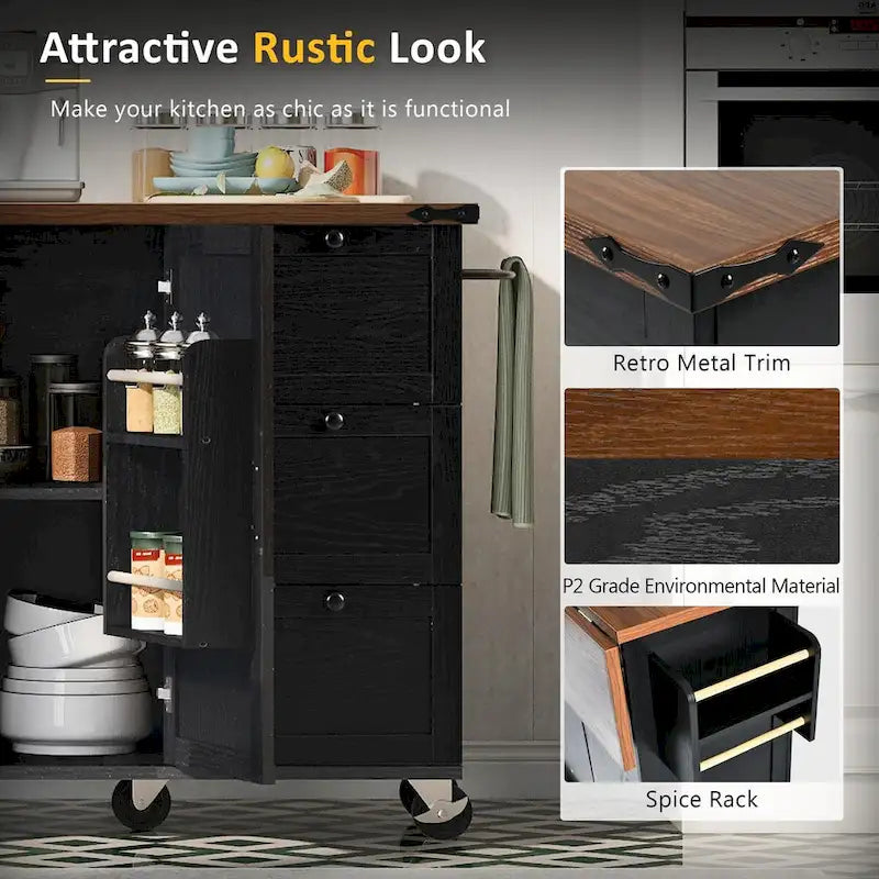 54.5  Farmhouse Kitchen Island with Power Outlet, Internal Storage Rack, Drop-Leaf Tabletop, Spice Rack, Rolling Cart On Wheels