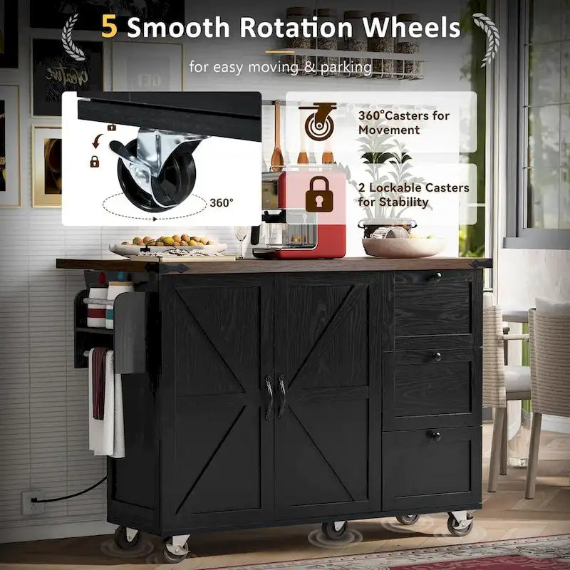 54.5  Farmhouse Kitchen Island with Power Outlet, Internal Storage Rack, Drop-Leaf Tabletop, Spice Rack, Rolling Cart On Wheels