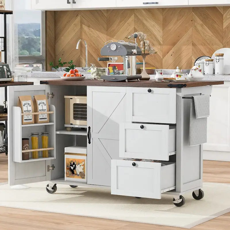 54.5  Farmhouse Kitchen Island with Power Outlet, Internal Storage Rack, Drop-Leaf Tabletop, Spice Rack, Rolling Cart On Wheels