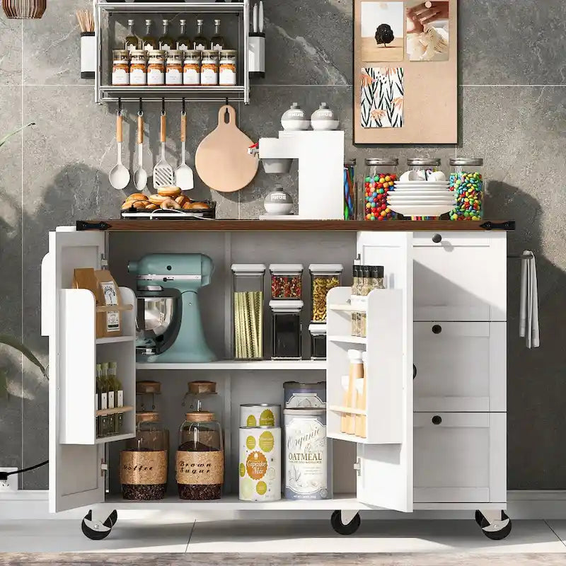 54.5  Farmhouse Kitchen Island with Power Outlet, Internal Storage Rack, Drop-Leaf Tabletop, Spice Rack, Rolling Cart On Wheels