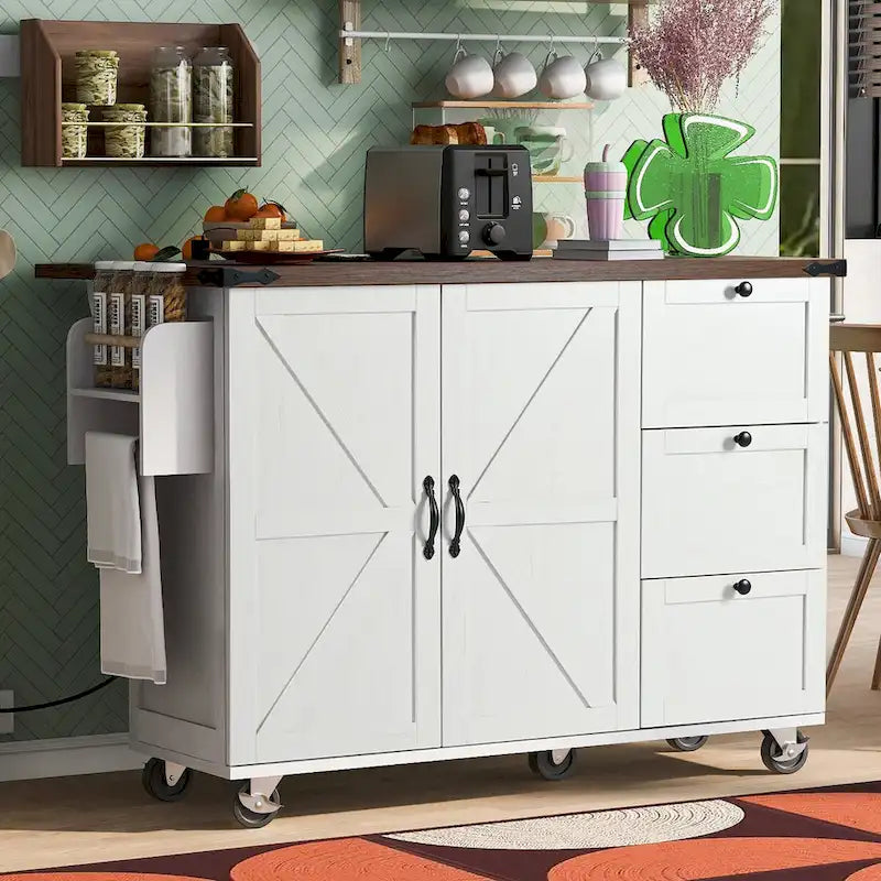 54.5  Farmhouse Kitchen Island with Power Outlet, Internal Storage Rack, Drop-Leaf Tabletop, Spice Rack, Rolling Cart On Wheels