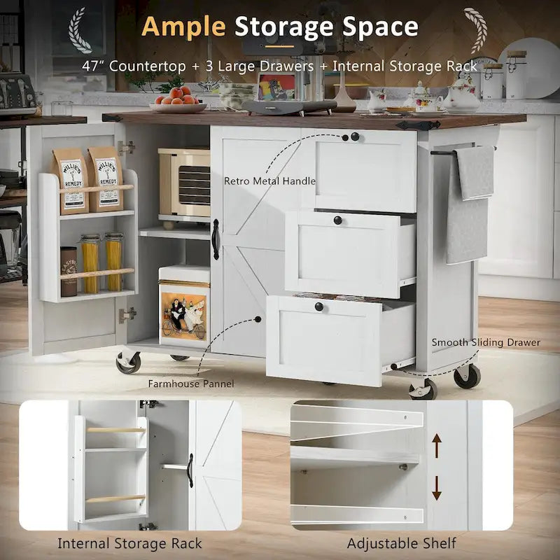 54.5  Farmhouse Kitchen Island with Power Outlet, Internal Storage Rack, Drop-Leaf Tabletop, Spice Rack, Rolling Cart On Wheels