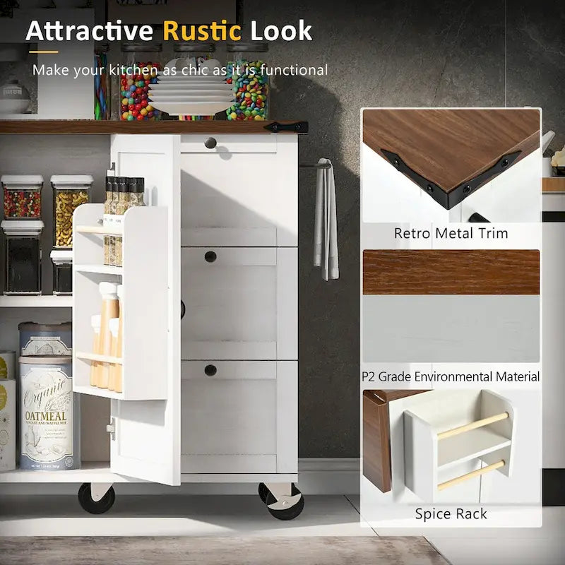 54.5  Farmhouse Kitchen Island with Power Outlet, Internal Storage Rack, Drop-Leaf Tabletop, Spice Rack, Rolling Cart On Wheels