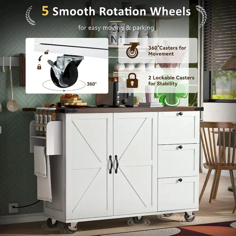 54.5  Farmhouse Kitchen Island with Power Outlet, Internal Storage Rack, Drop-Leaf Tabletop, Spice Rack, Rolling Cart On Wheels