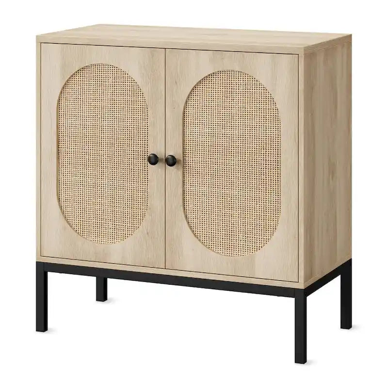 Beige Rattan Storage Cabinet with Doors and Shelves - N/A