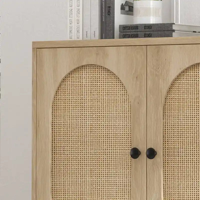 Beige Rattan Storage Cabinet with Doors and Shelves - N/A