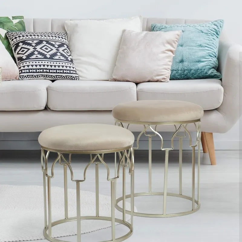 Adeco FT0254 Round Stackable Footstool, Steel Legs, 17 Inch Height, Set of 2 Ottomans & Storage Ottomans Light Grey