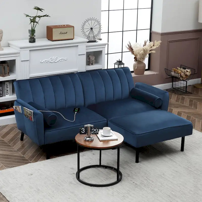 L-Shaped Velvet Sectional Sofa Couch, Convertible Futon Sleeper with Split Back Design Recliner for Compact Living - 2-Person