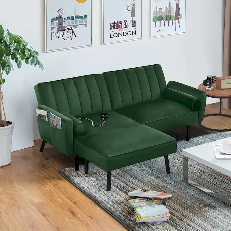 L-Shaped Velvet Sectional Sofa Couch, Convertible Futon Sleeper with Split Back Design Recliner for Compact Living - 2-Person