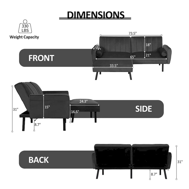 L-Shaped Velvet Sectional Sofa Couch, Convertible Futon Sleeper with Split Back Design Recliner for Compact Living - 2-Person