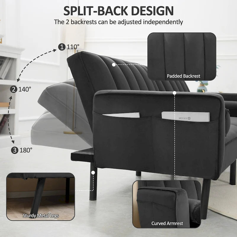 L-Shaped Velvet Sectional Sofa Couch, Convertible Futon Sleeper with Split Back Design Recliner for Compact Living - 2-Person