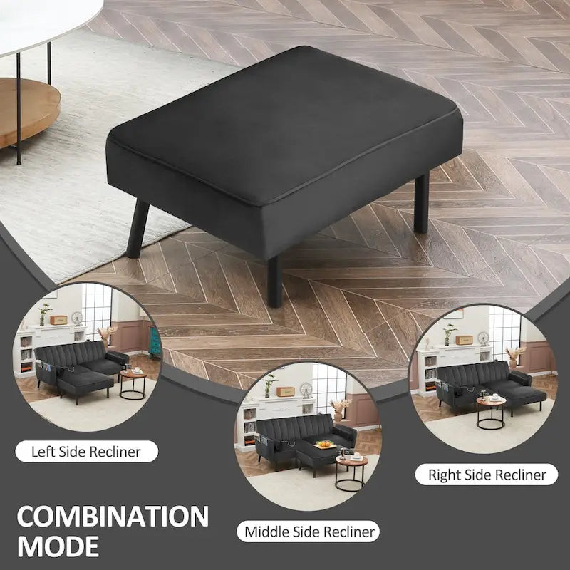 L-Shaped Velvet Sectional Sofa Couch, Convertible Futon Sleeper with Split Back Design Recliner for Compact Living - 2-Person