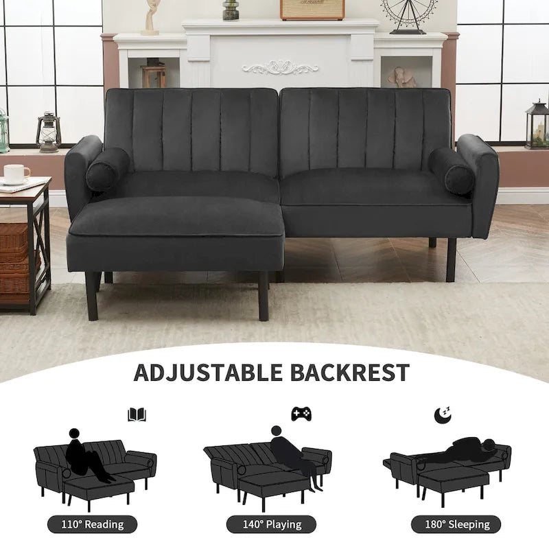 L-Shaped Velvet Sectional Sofa Couch, Convertible Futon Sleeper with Split Back Design Recliner for Compact Living - 2-Person