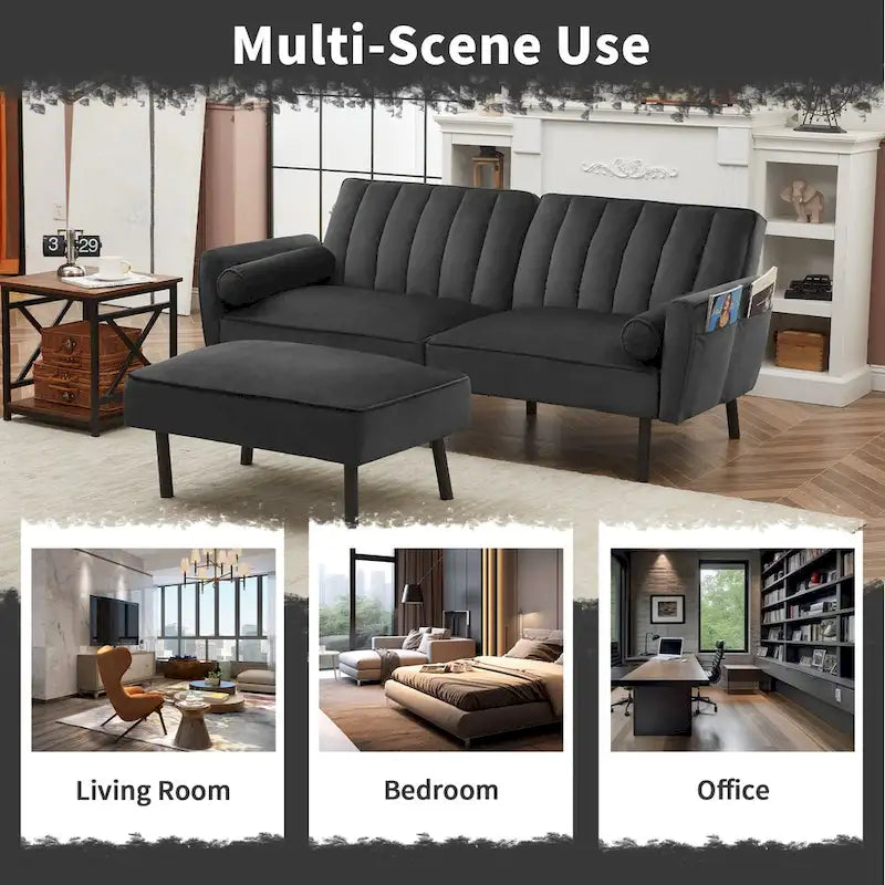 L-Shaped Velvet Sectional Sofa Couch, Convertible Futon Sleeper with Split Back Design Recliner for Compact Living - 2-Person