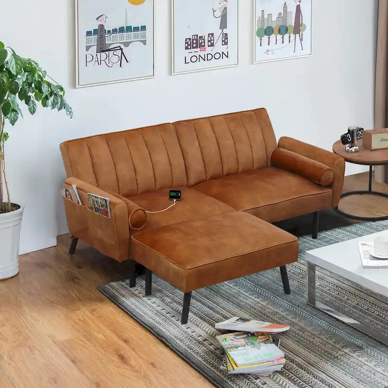 L-Shaped Velvet Sectional Sofa Couch, Convertible Futon Sleeper with Split Back Design Recliner for Compact Living - 2-Person