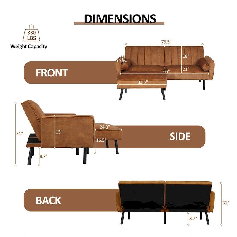 L-Shaped Velvet Sectional Sofa Couch, Convertible Futon Sleeper with Split Back Design Recliner for Compact Living - 2-Person