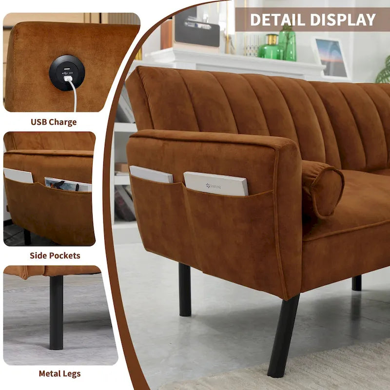 L-Shaped Velvet Sectional Sofa Couch, Convertible Futon Sleeper with Split Back Design Recliner for Compact Living - 2-Person