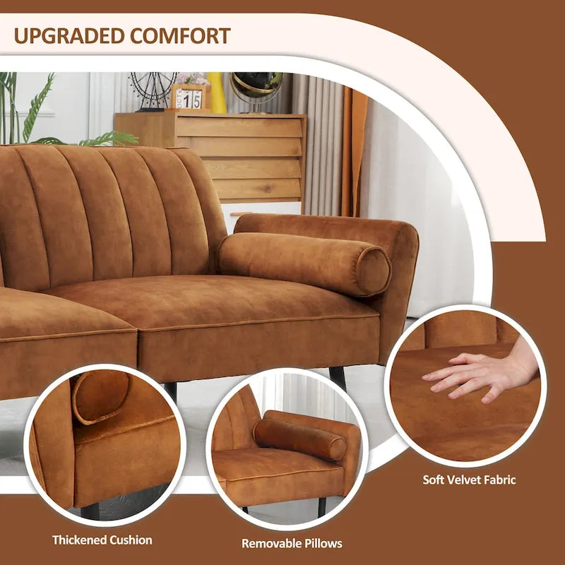 L-Shaped Velvet Sectional Sofa Couch, Convertible Futon Sleeper with Split Back Design Recliner for Compact Living - 2-Person