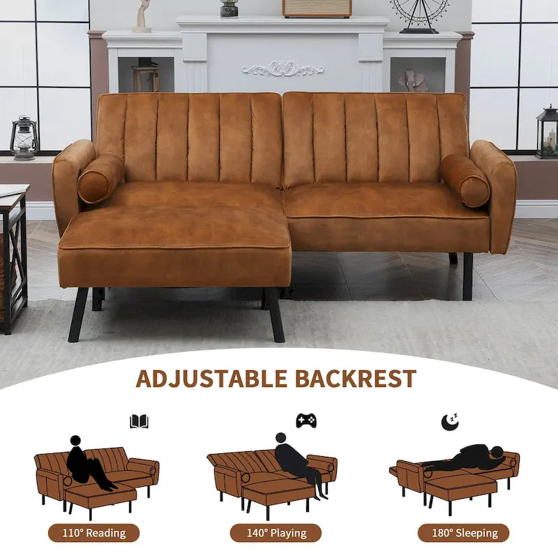 L-Shaped Velvet Sectional Sofa Couch, Convertible Futon Sleeper with Split Back Design Recliner for Compact Living - 2-Person