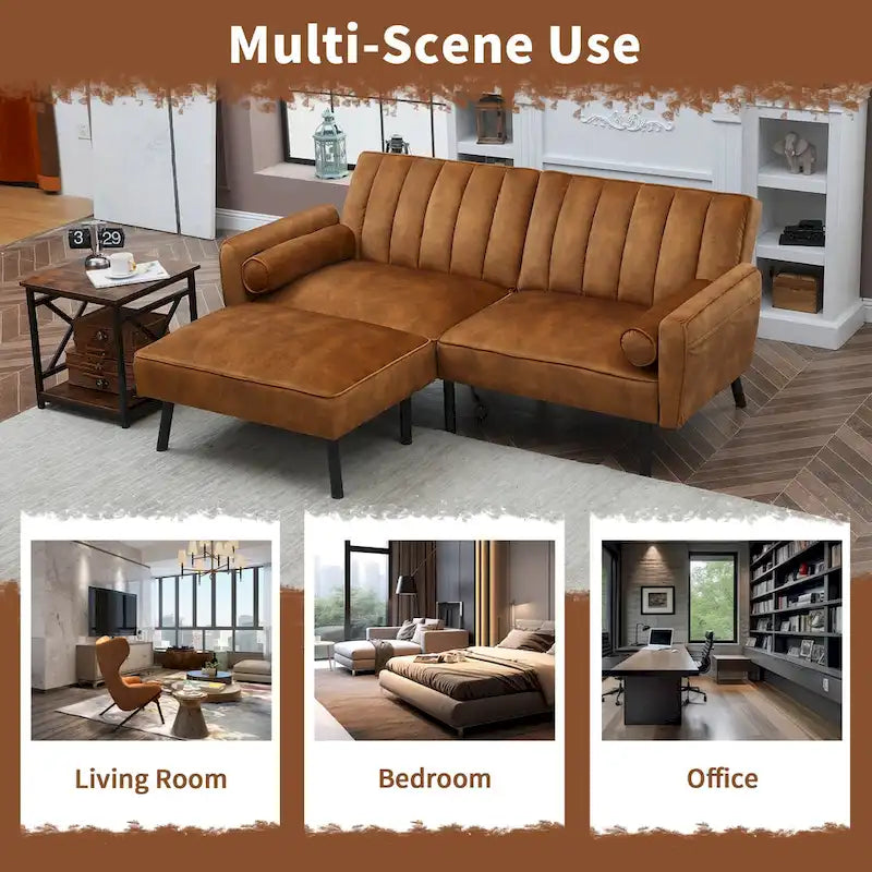 L-Shaped Velvet Sectional Sofa Couch, Convertible Futon Sleeper with Split Back Design Recliner for Compact Living - 2-Person