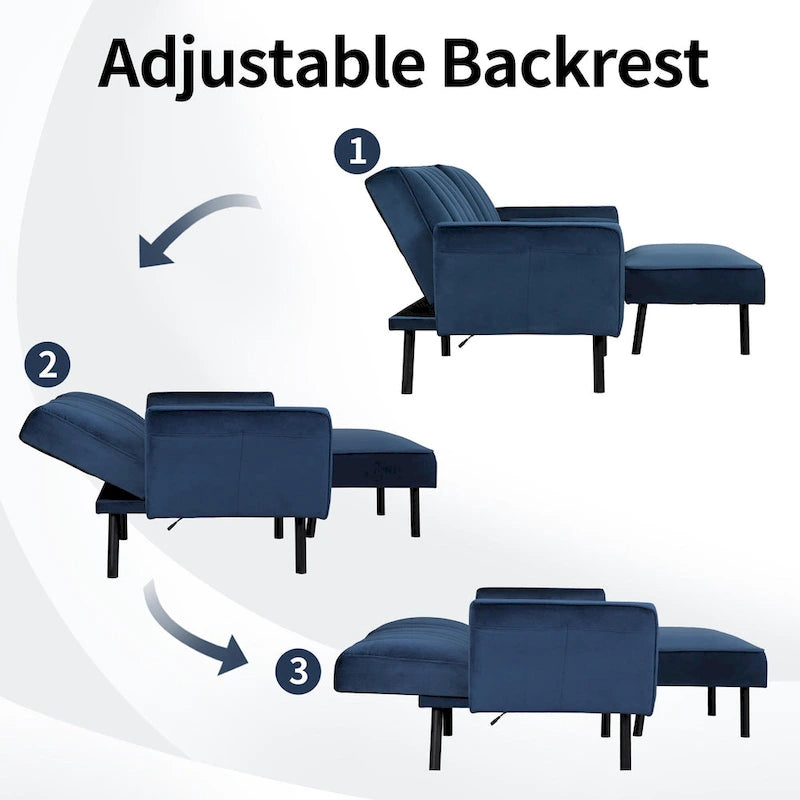 L-Shaped Velvet Sectional Sofa Couch, Convertible Futon Sleeper with Split Back Design Recliner for Compact Living - 2-Person