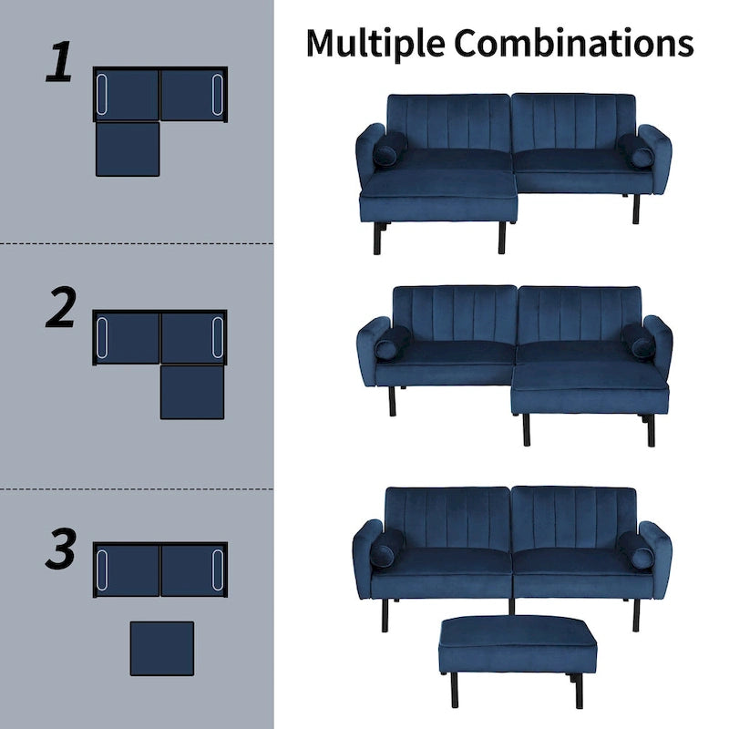 L-Shaped Velvet Sectional Sofa Couch, Convertible Futon Sleeper with Split Back Design Recliner for Compact Living - 2-Person