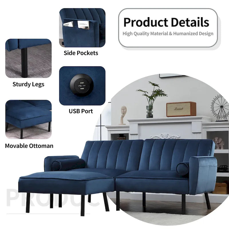 L-Shaped Velvet Sectional Sofa Couch, Convertible Futon Sleeper with Split Back Design Recliner for Compact Living - 2-Person