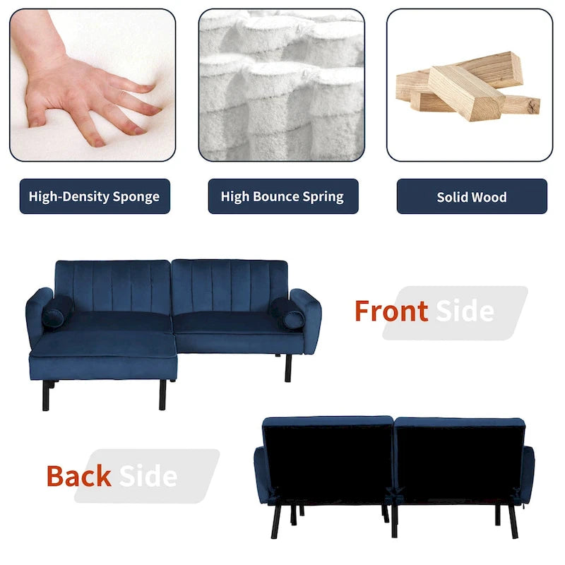 L-Shaped Velvet Sectional Sofa Couch, Convertible Futon Sleeper with Split Back Design Recliner for Compact Living - 2-Person