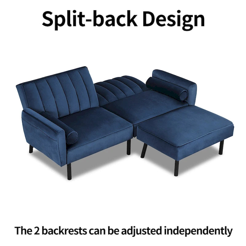 L-Shaped Velvet Sectional Sofa Couch, Convertible Futon Sleeper with Split Back Design Recliner for Compact Living - 2-Person