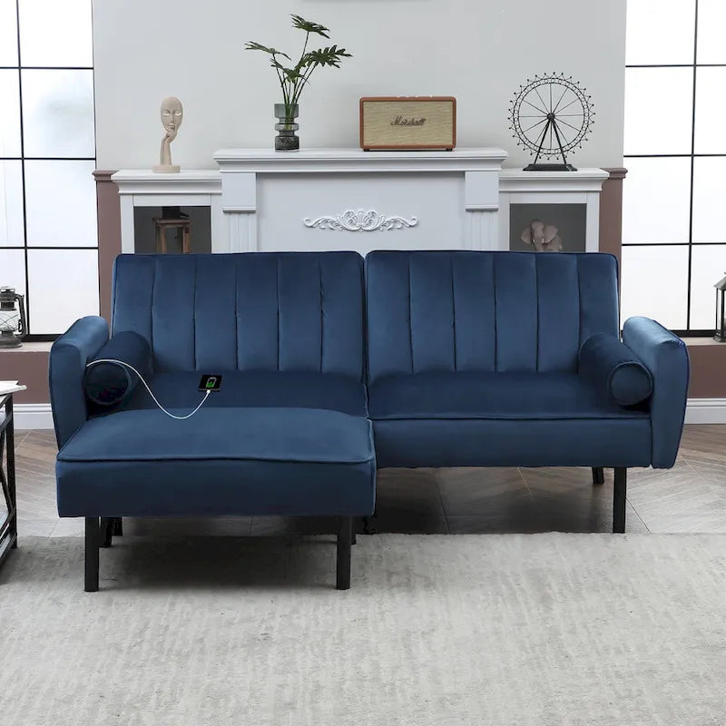 L-Shaped Velvet Sectional Sofa Couch, Convertible Futon Sleeper with Split Back Design Recliner for Compact Living - 2-Person